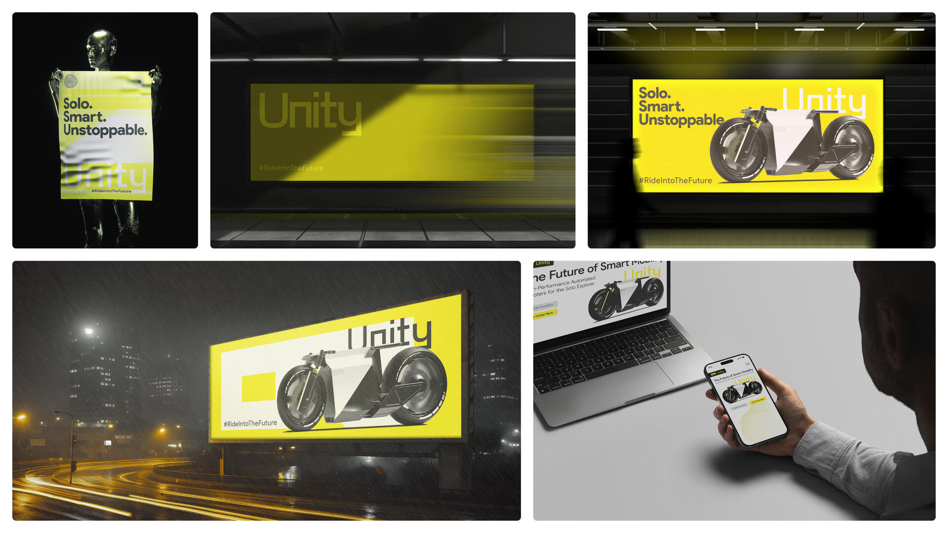 Billboard, and scooter usage mockups Campaign Visuals Posters, digital banners, and promo visuals for Unity EV